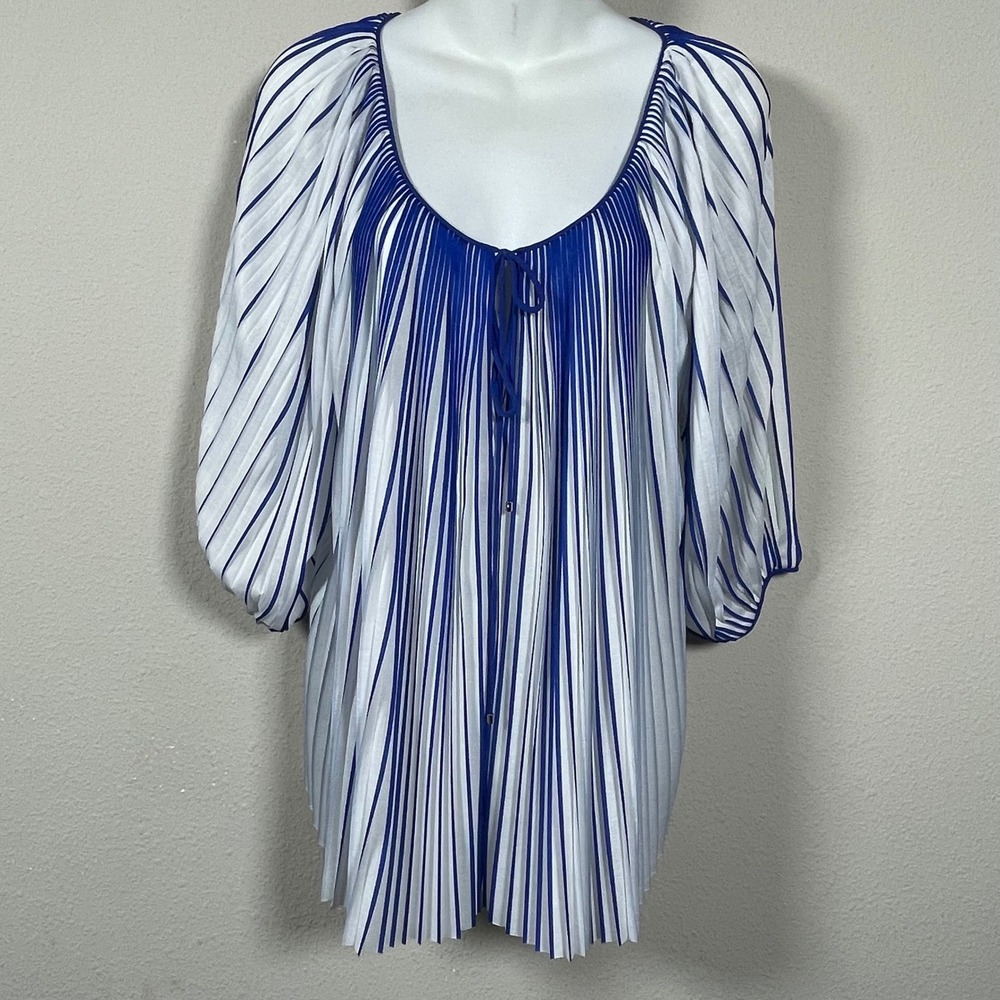 Diane von Furstenberg Pleated Tunic Womens 4 Blue White Striped Tie Front‎